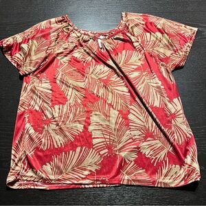 Vintage Red Short Sleeve Top with Gold Palm Print